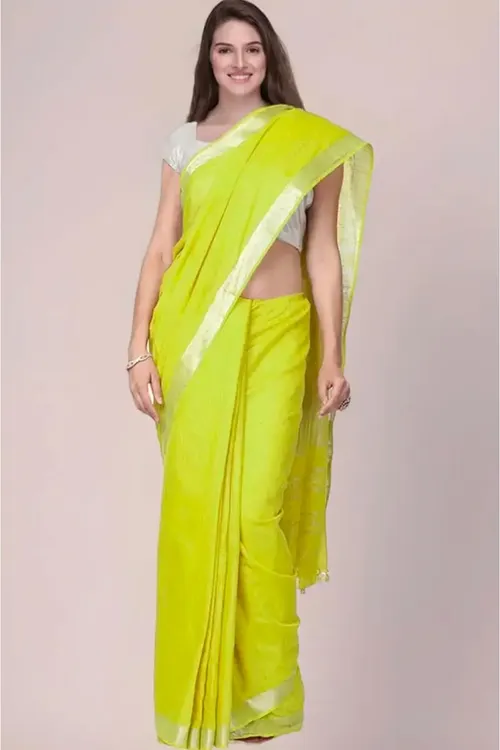 Vibrant Lime Green Plain Cotton Saree with Silver Border | Lightweight Summer Wear